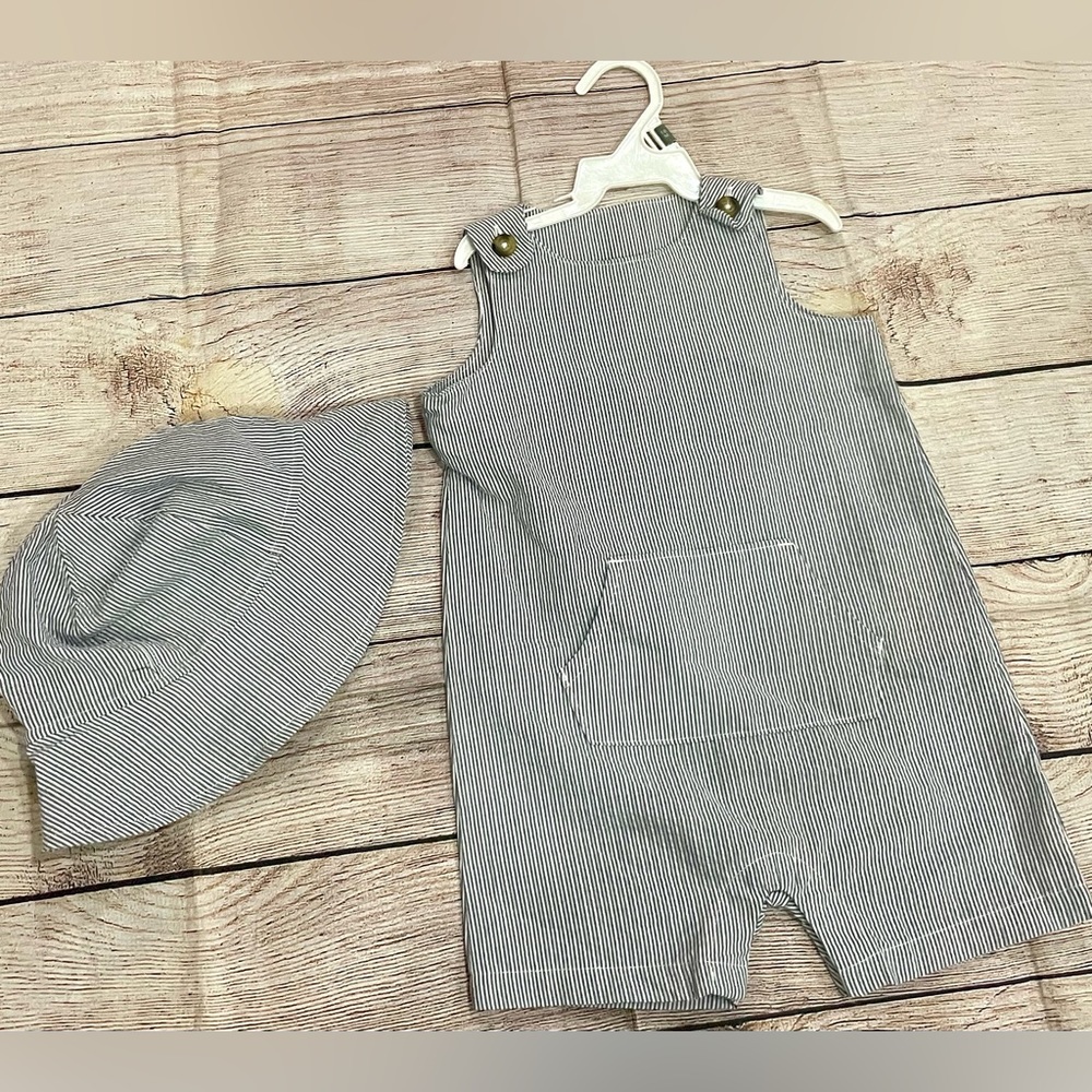 18 months blue white striped Just One You boys onesie romper and bucket hat NWT